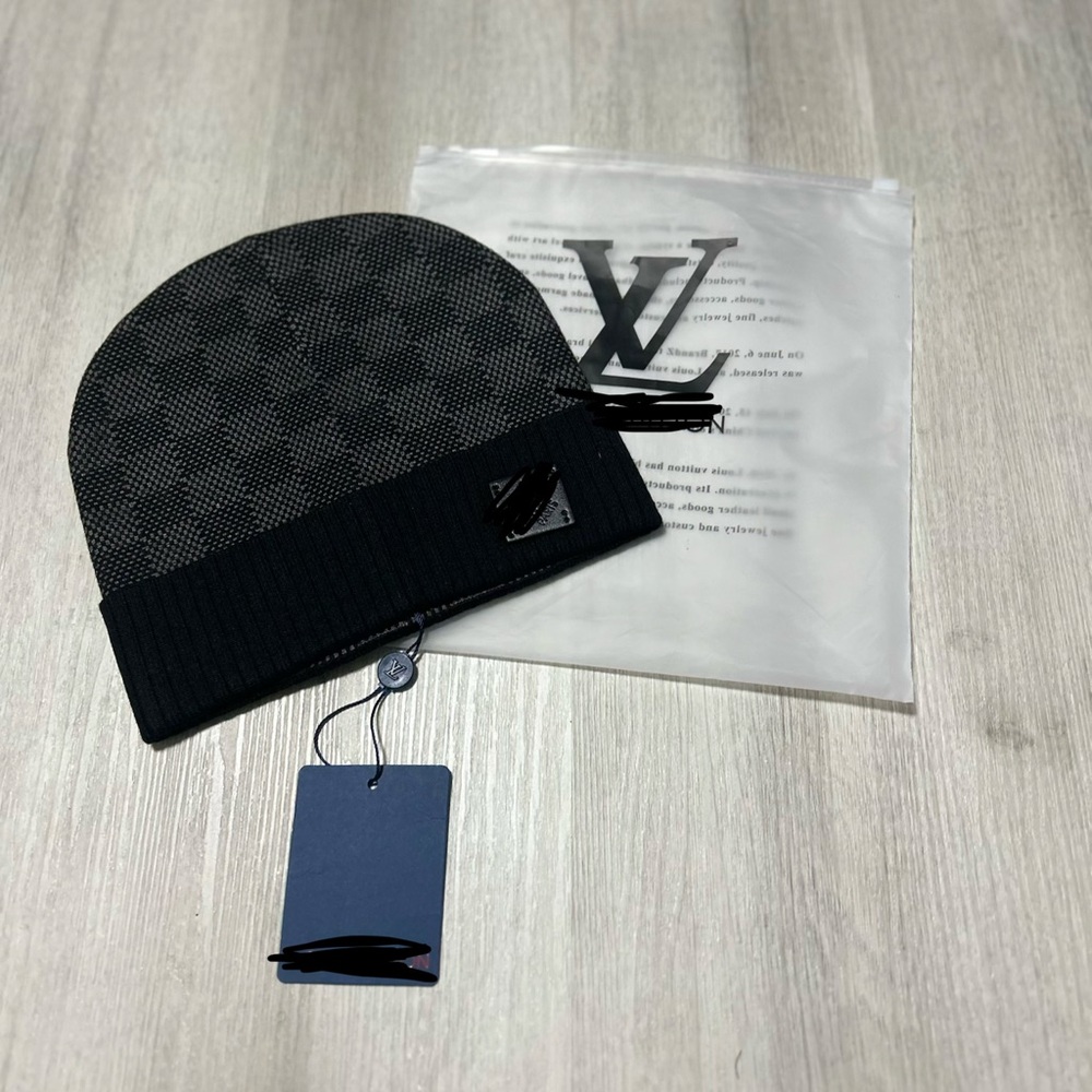 Monogram Pattern Knit Beanie in Black and Dark Gray